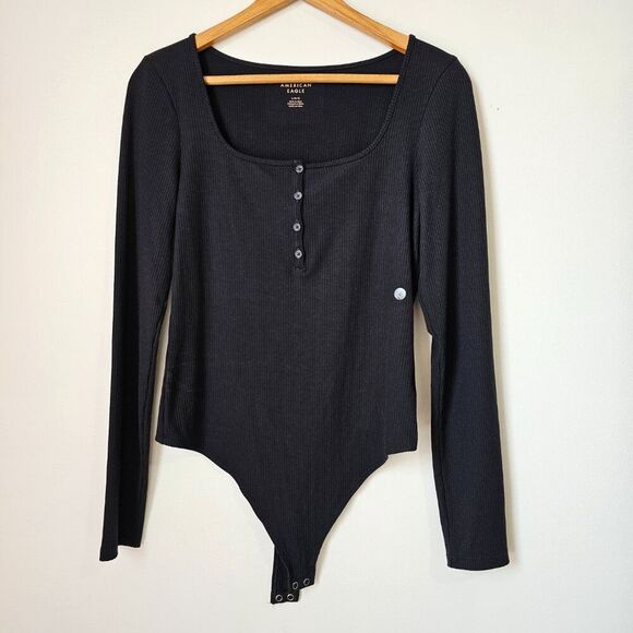 NWT AMERICAN EAGLE OUTFITTERS RIBBED BLACK SQUARE NECK BODYSUIT L - Picture 1 of 12